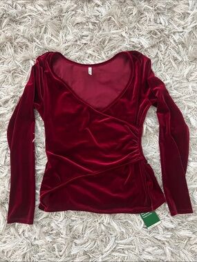 HALARA Burgundy Velvet Wrap-Effect Long Sleeve Top
